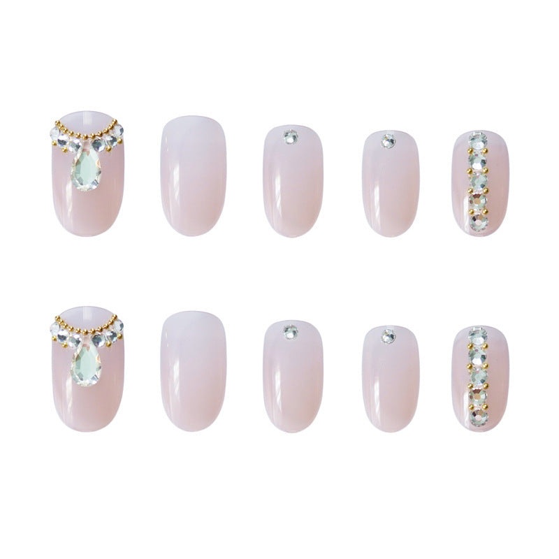 Women's Nude Pink Short Almond Shaped False Nails with Jewel Adornments-Theone Apparel