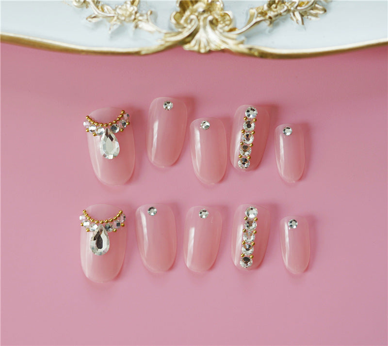Women's Nude Pink Short Almond Shaped False Nails with Jewel Adornments-Theone Apparel