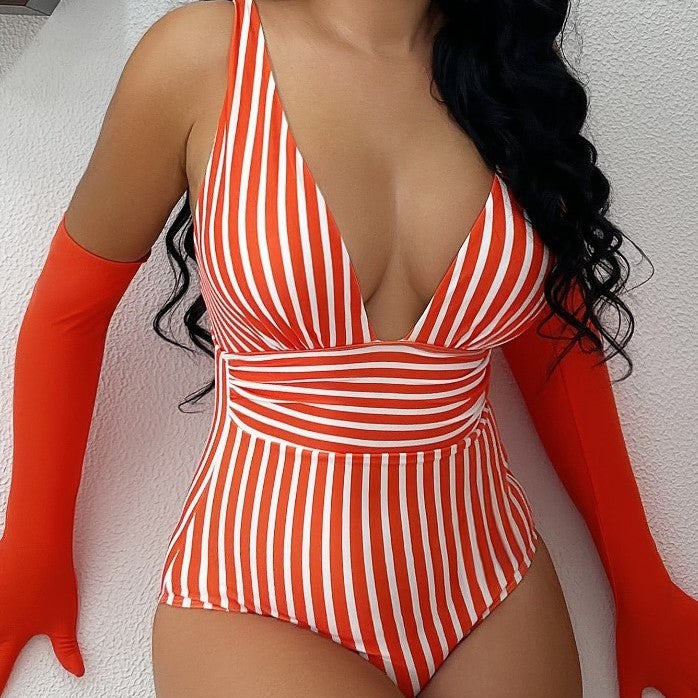 Women's One Piece Pinstripe Swimsuit with Low Cut Neck-Theone Apparel