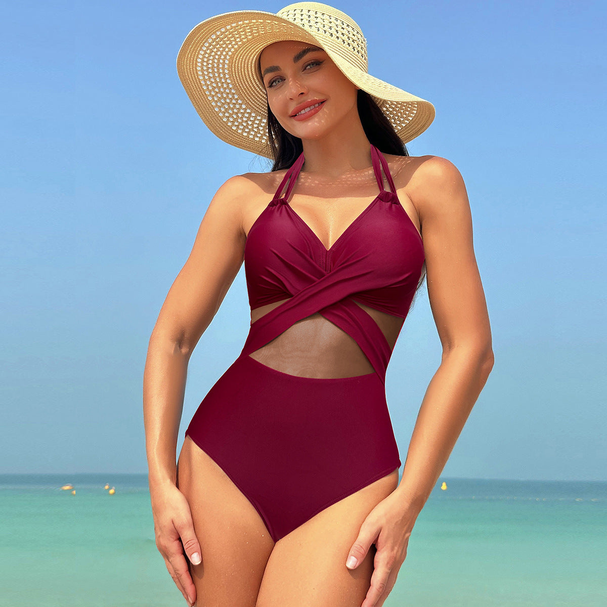 Women's One Piece Swimsuit with Mesh Midriff-Maroon-Theone Apparel