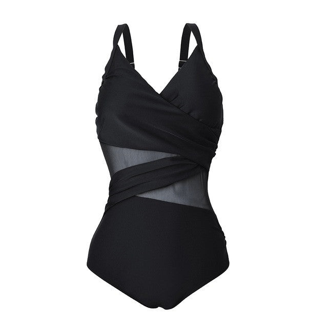 Women's One Piece Swimsuit with Sheer Midriff-Black-Theone Apparel