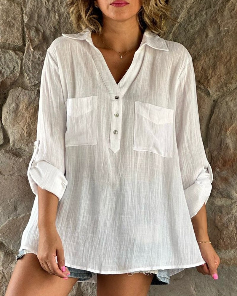 Women's Solid Color Long Sleeve Button Up Blouse-White-Theone Apparel