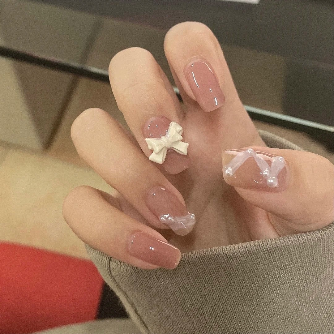 Women's Squoval Nude False Nail Set with Bow and Bead Adornments-Style 5-Theone Apparel