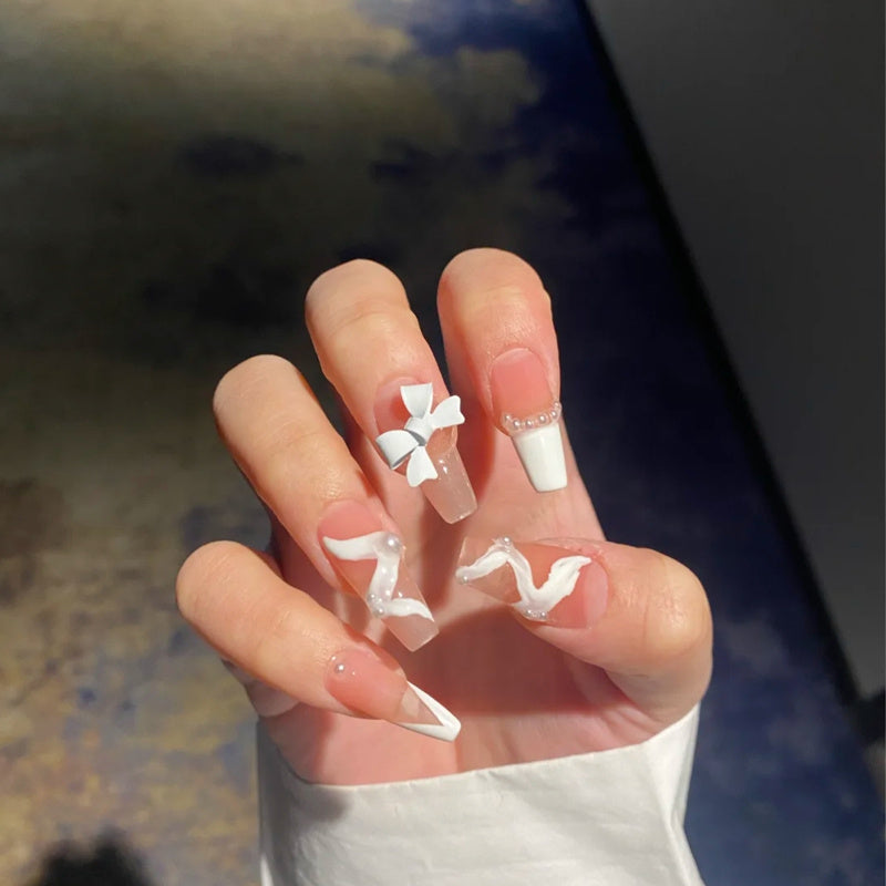 Women's Squoval Nude False Nail Set with Bow and Bead Adornments-Style 2-Theone Apparel