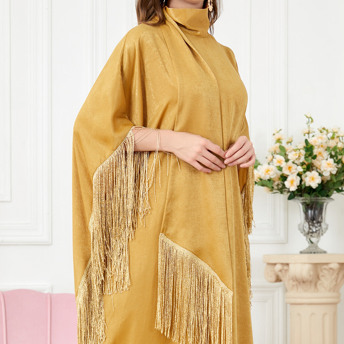 Women's Tassel Fringe Maxi Dress with Wrap Scarf Neck