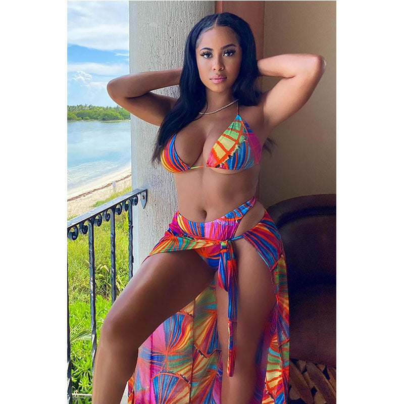 Women's Three Piece Bikini Set with Matching Coverup-Hot Pink-Theone Apparel