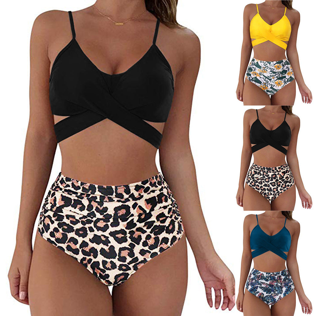 Women's Two Piece Bikini With High Waist Animal Print Bottoms-Theone Apparel