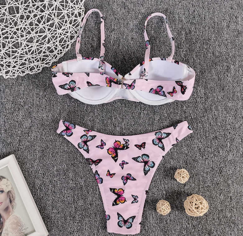 Women's Two Piece Pink Butterfly Print Bikini Set-Theone Apparel