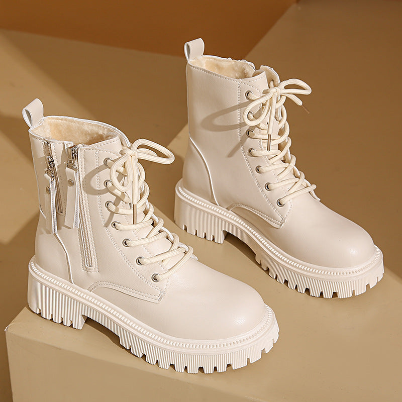 Women's Zip Side Lace Up Combat Boots in White or Black-Theone Apparel