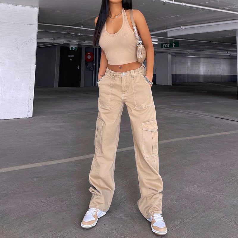 Workwear-Inspired Multi-Pocket High-Waist Straight Jeans-Khaki-Theone Apparel