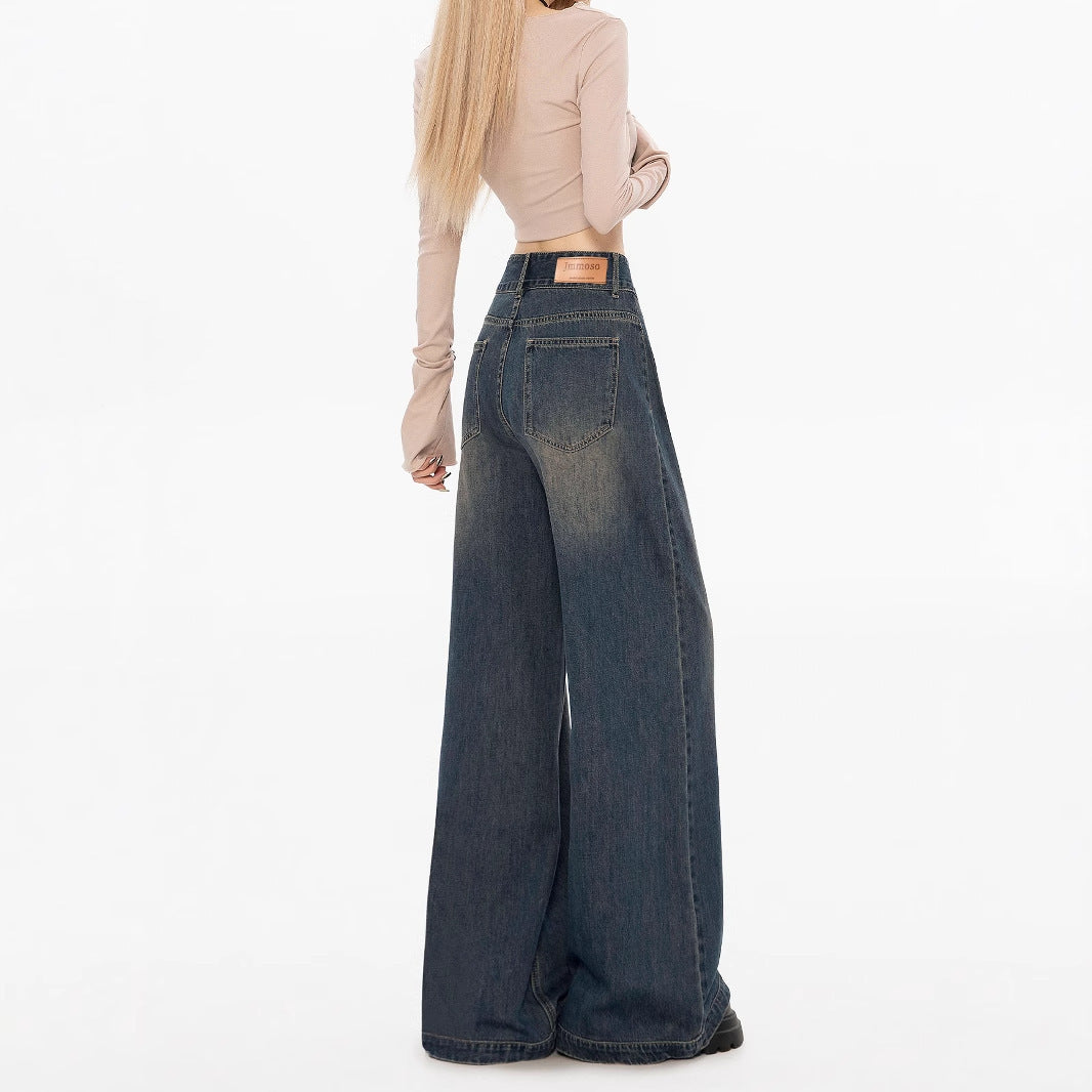 Loose And Lazy Style Women's High-waisted Straight Wide-leg Fleece-lined Jeans