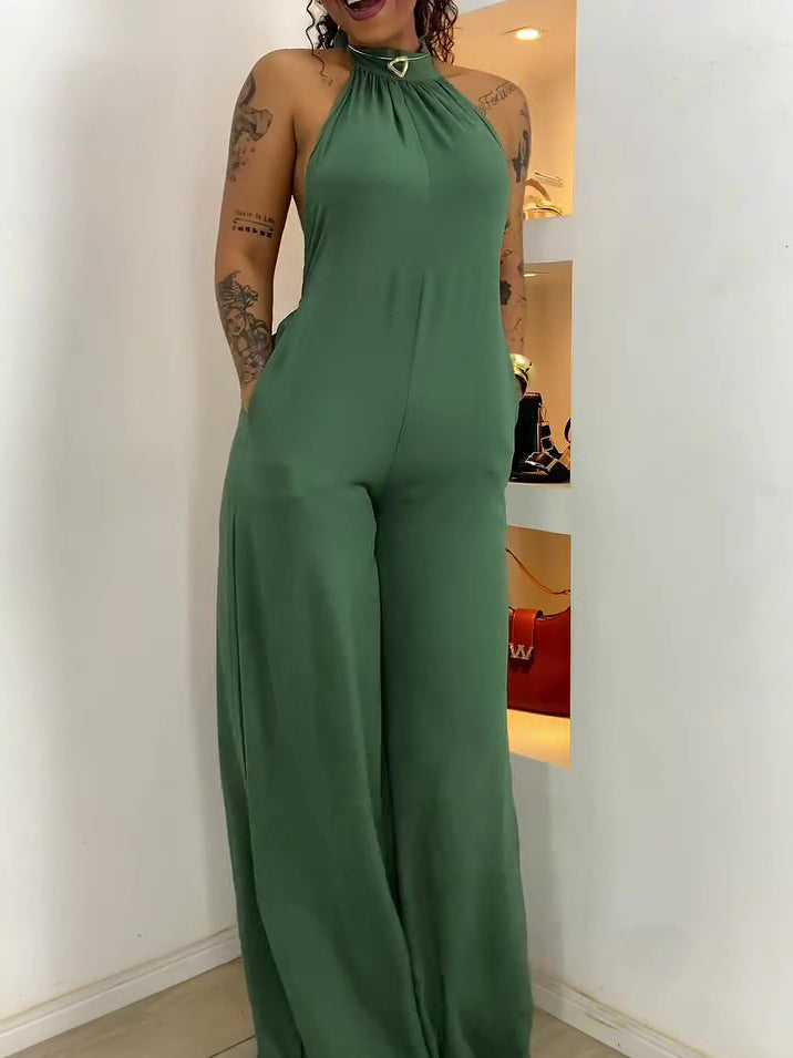Green Halter-neck Backless Jumpsuit