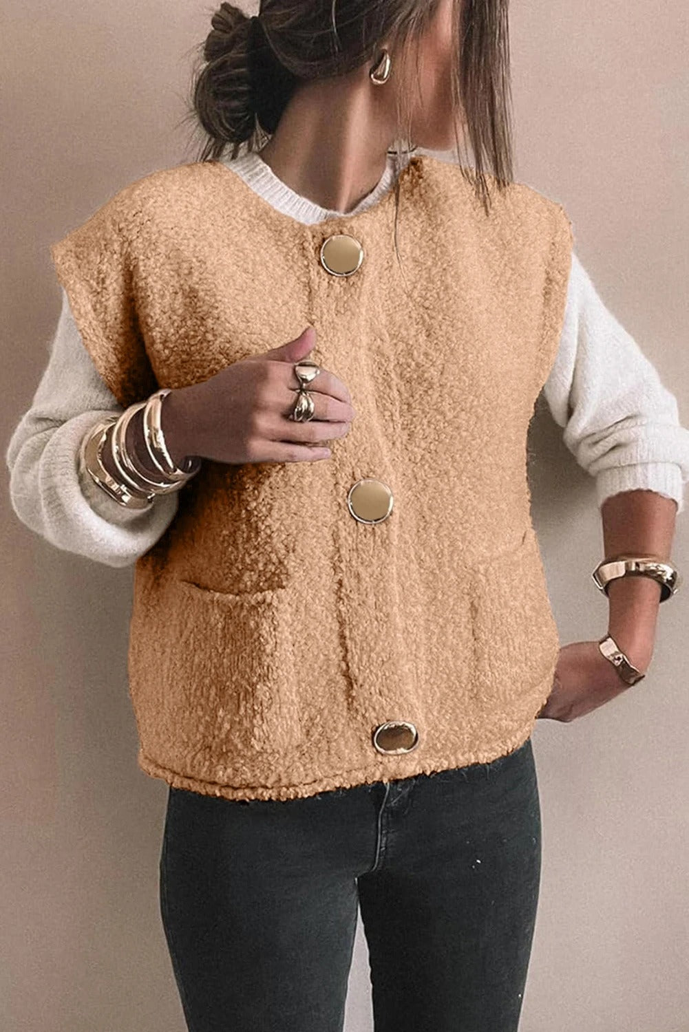 Beige Versatile Button Warm Vest For Women