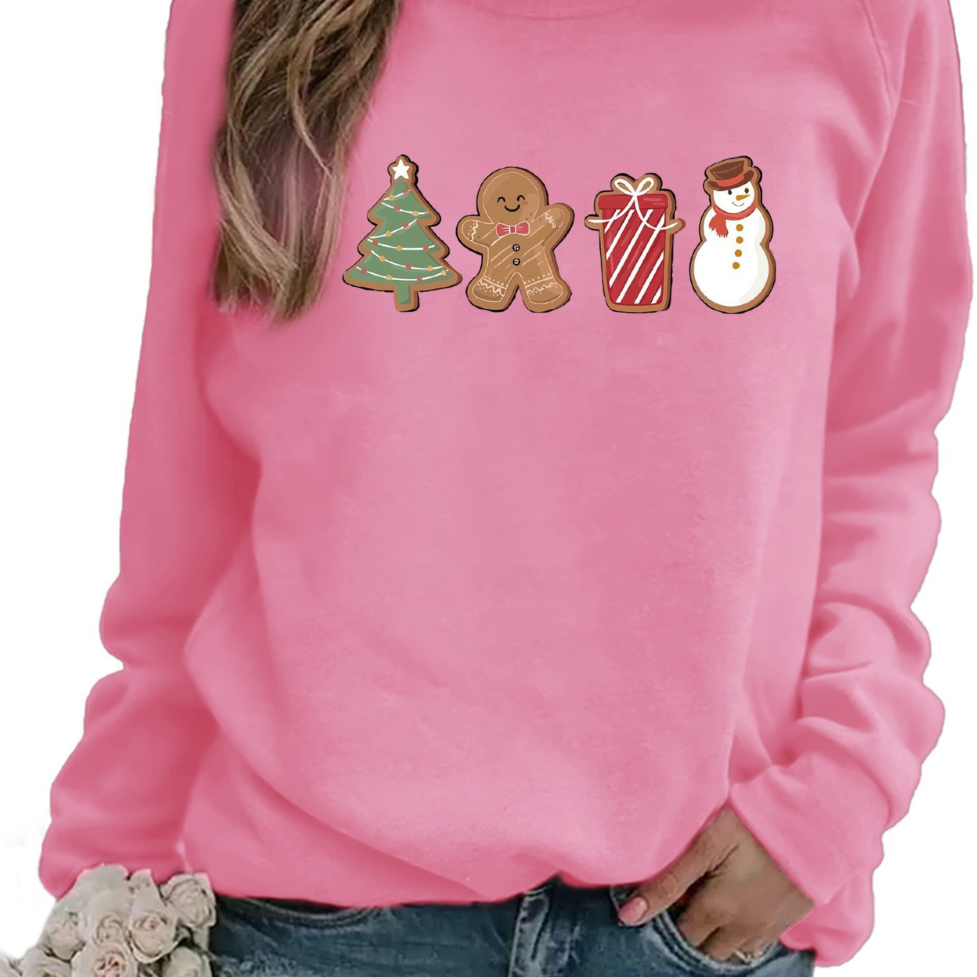 Snowman And Gingerbread Man Printed Sweater Comfortable And Casual