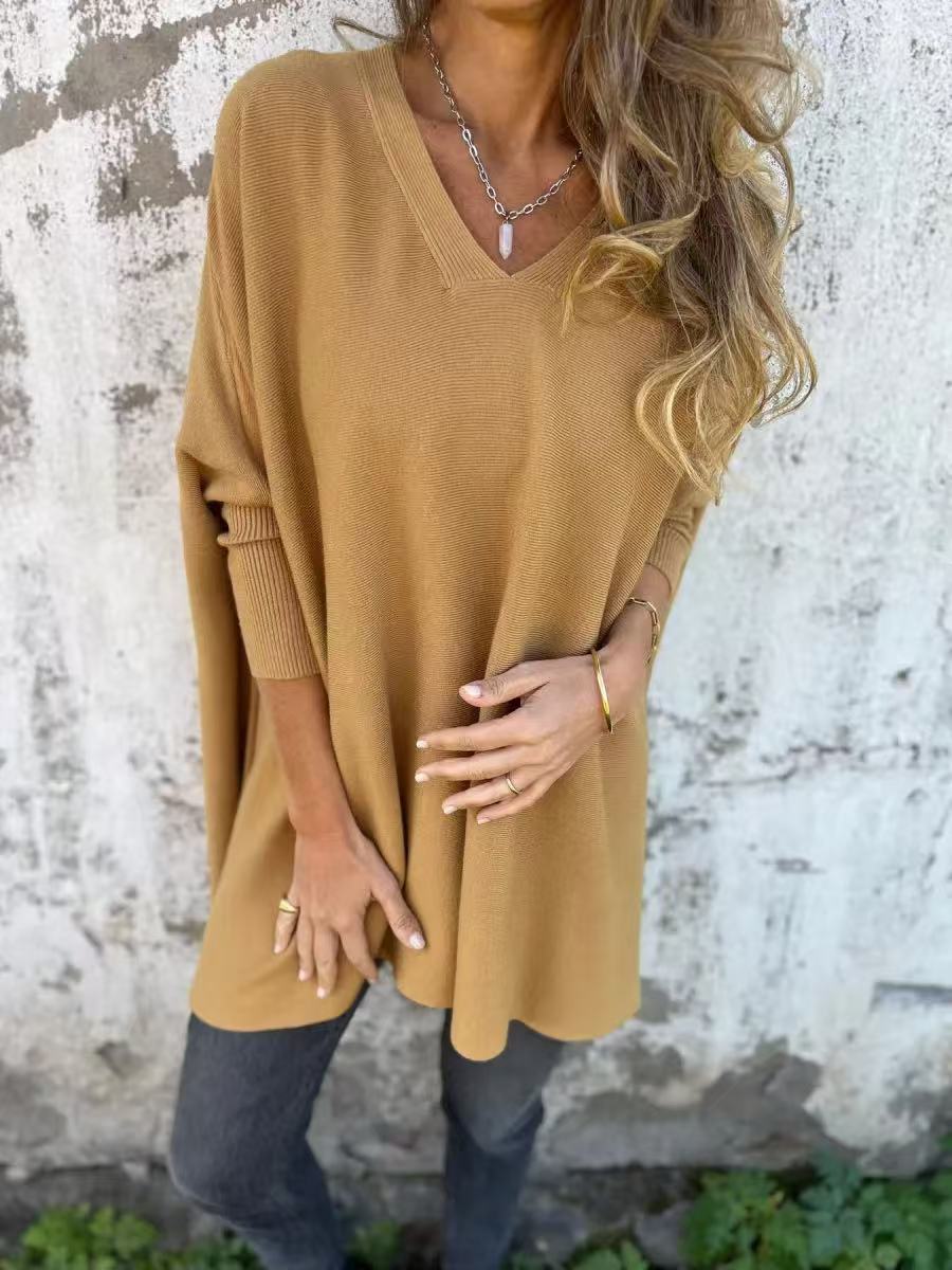 New Autumnwinter Women's Long-sleeve Knitted V-neck Loose-fitting Long Top