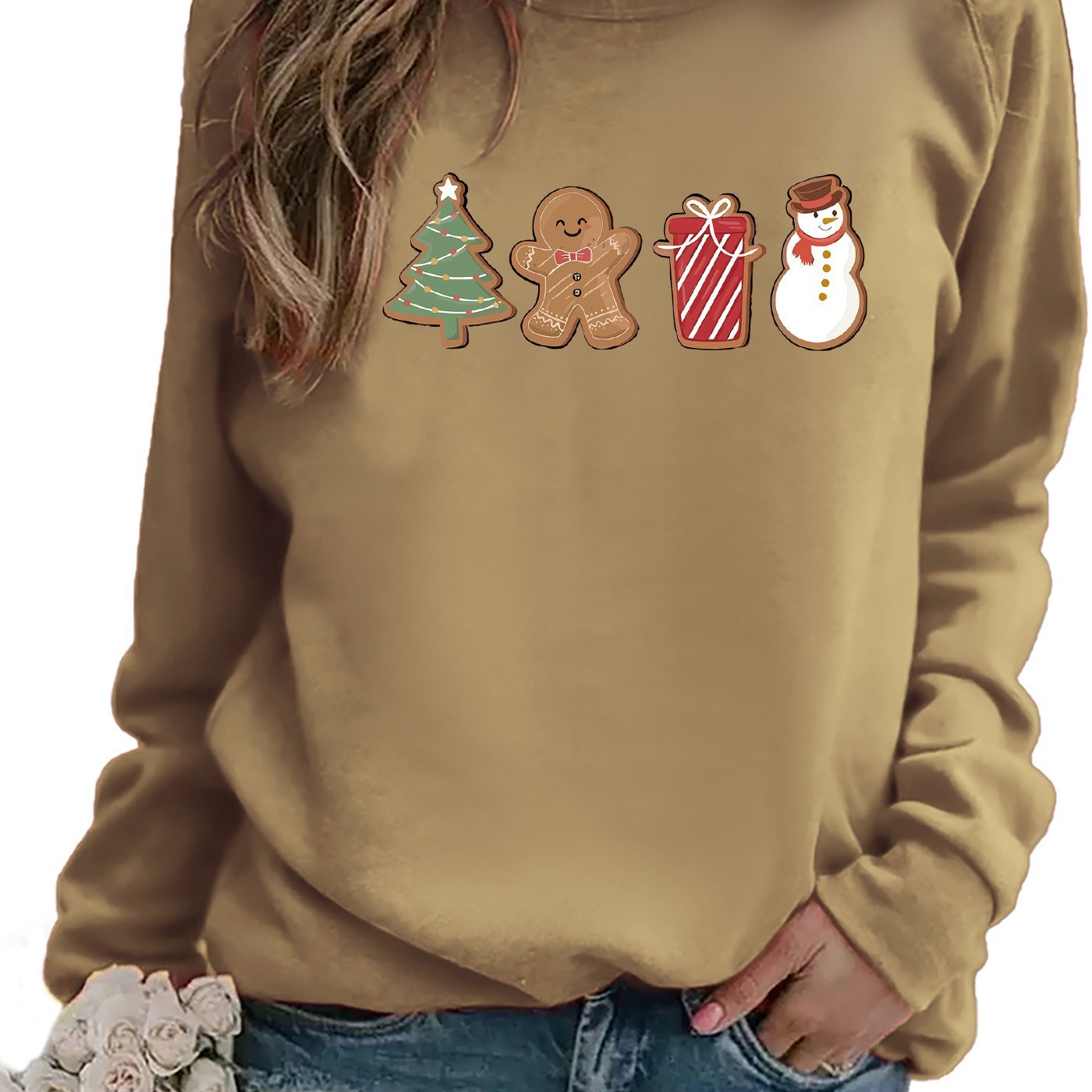 Snowman And Gingerbread Man Printed Sweater Comfortable And Casual