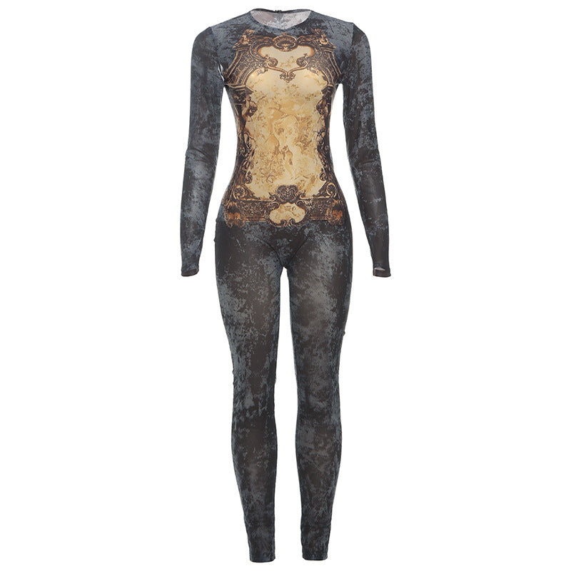 Women's Printed Sexy Mesh High Waist Slim-fit Zipper Long-sleeved Jumpsuit