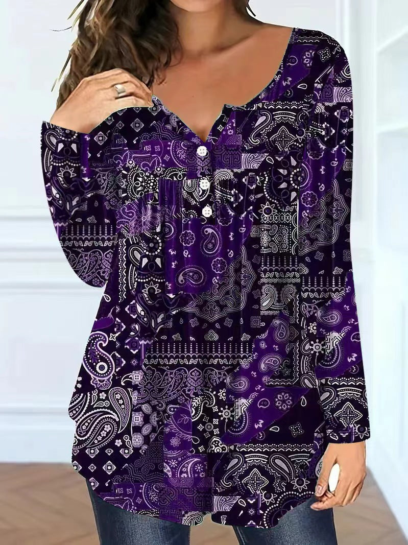 Loose-fit Buttoned V-neck Top Women's T-shirt