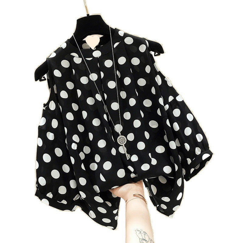 Loose-fitting Figure-flattering Polka-dot Off-shoulder Short-sleeve Chiffon Blouse