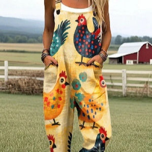 Women's Summer Digital Printing Button Casual Suspender Trousers