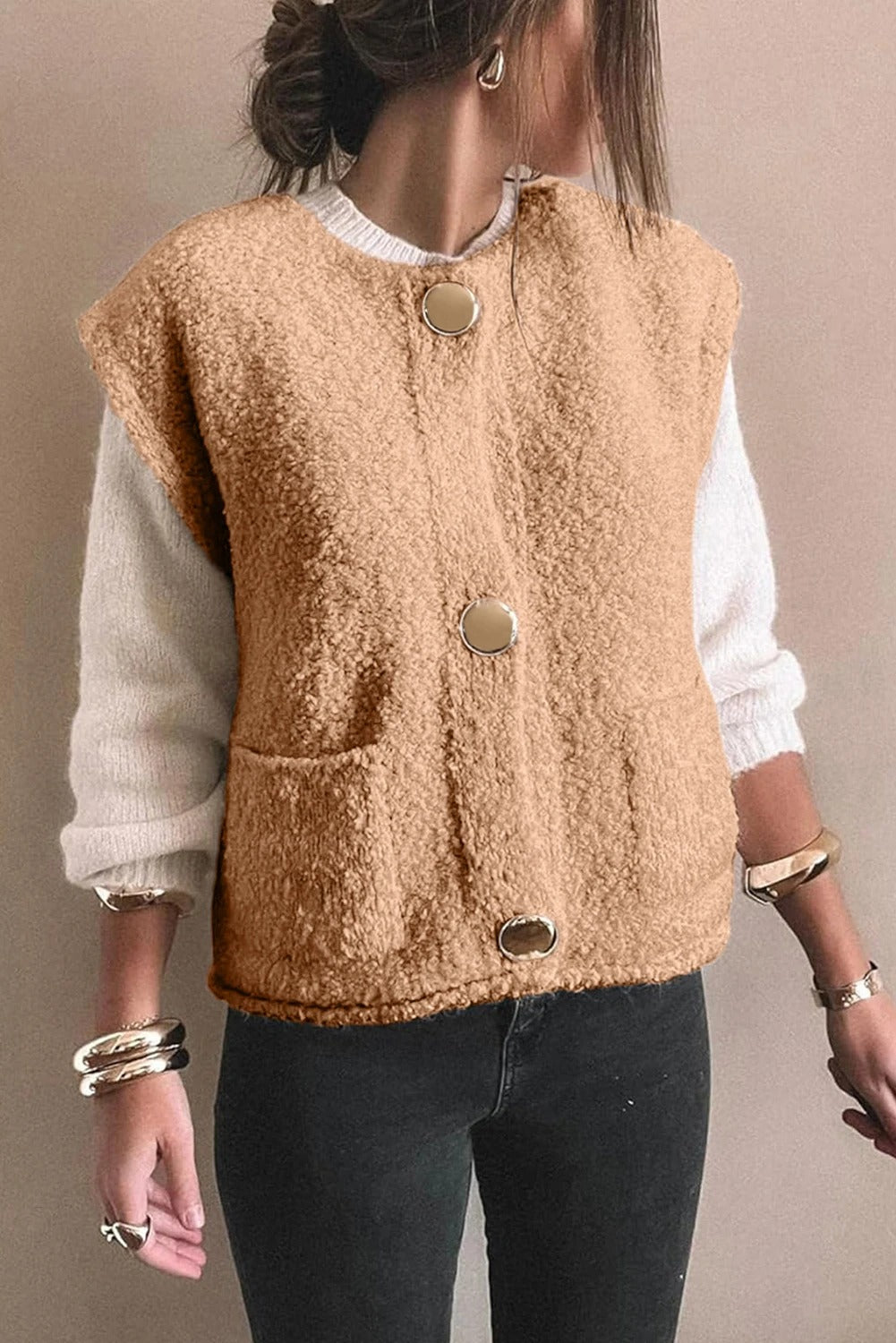 Beige Versatile Button Warm Vest For Women