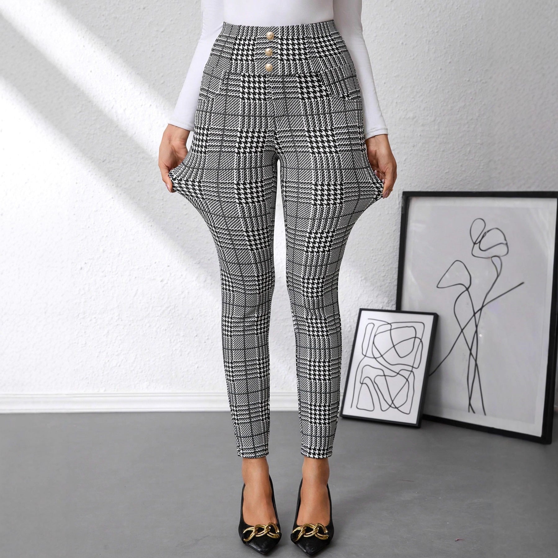 Women's Check Print Button Embellished High-waist Slim-fit Knit Pants