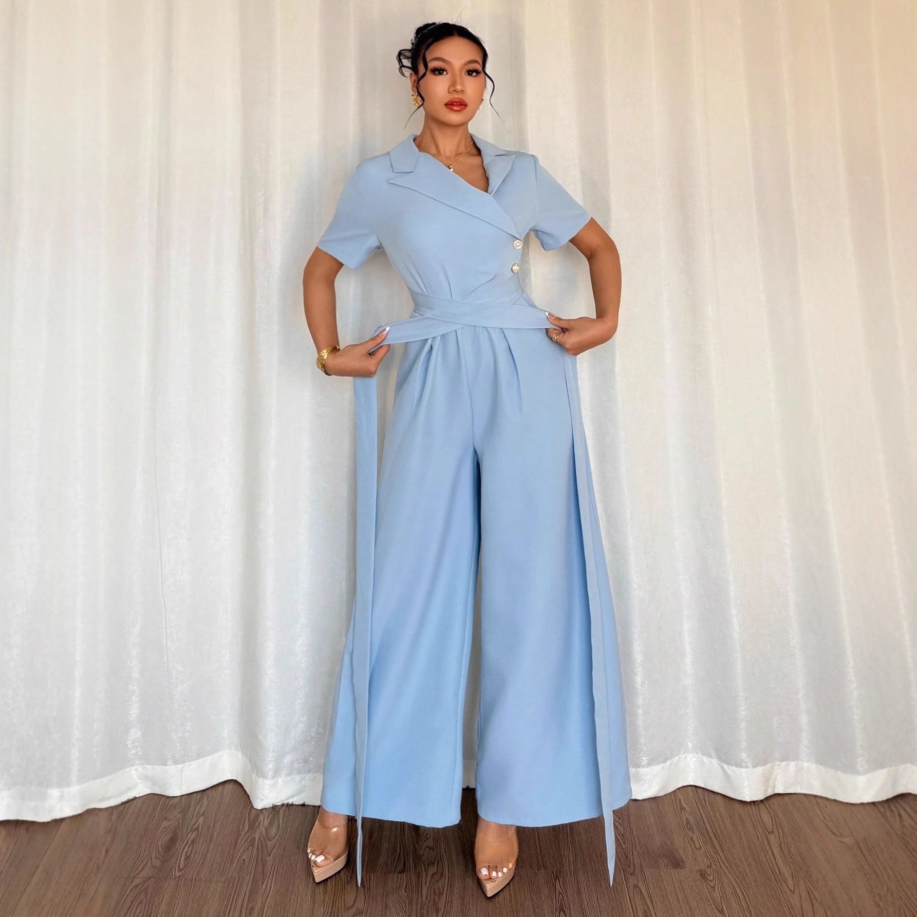 Women's Blue Off-shoulder Belted Slim-fit Jumpsuit