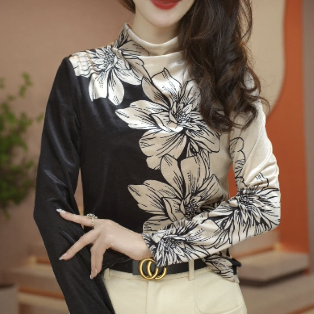 Velvet Accent Floral Top Women's Base Shirt