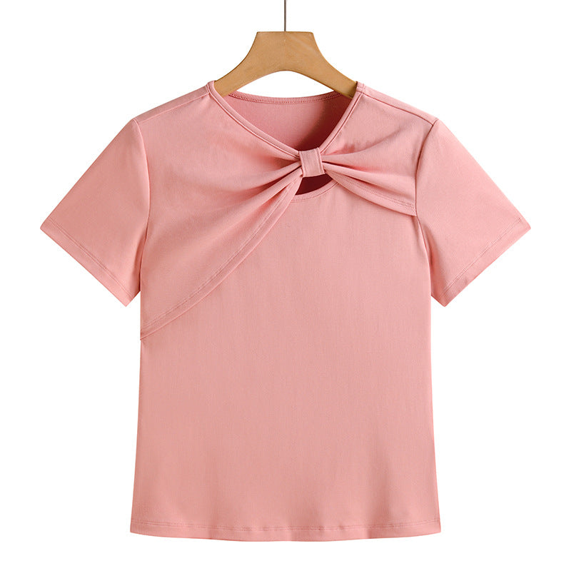 Female Solid Color Hollow Shoulder Short Sleeved Shirt