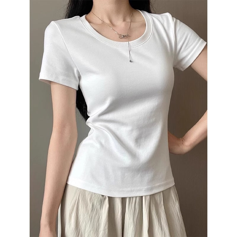 Solid Color Korean Style All-match U-collar Bottoming Top Women's Summer Cotton Short Sleeve Shoulder T-shirt Women