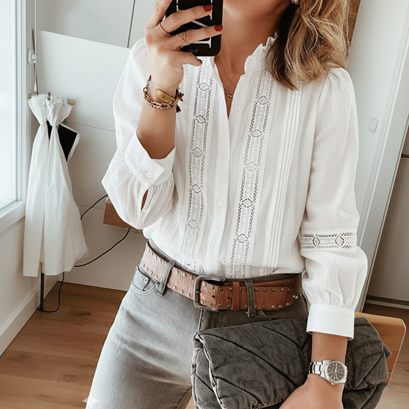 Elegant Lace-trimmed Stand Collar Hollow-out Long-sleeve White Shirt