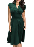 Pleated Plunging Cap-Sleeve A-Line Dress