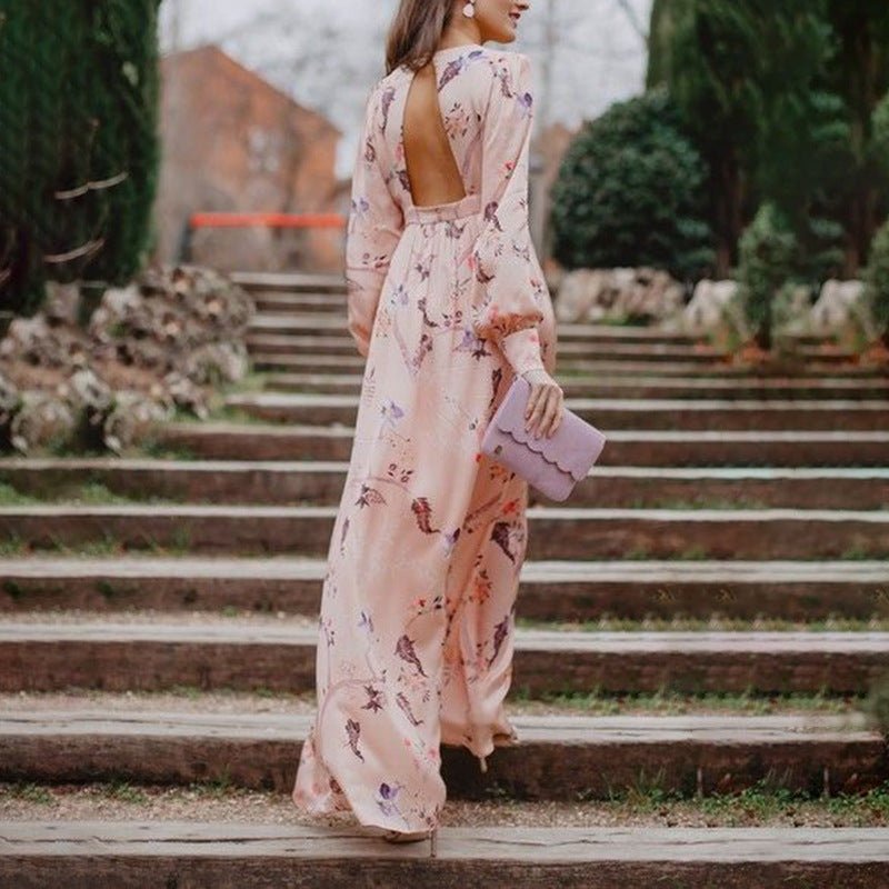 Baby Pink Floral Pattern Cinched Waist Maxi Dress