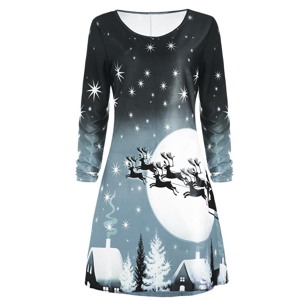 christmas print long sleeve dress Christmas Night Long Sleeve Dress