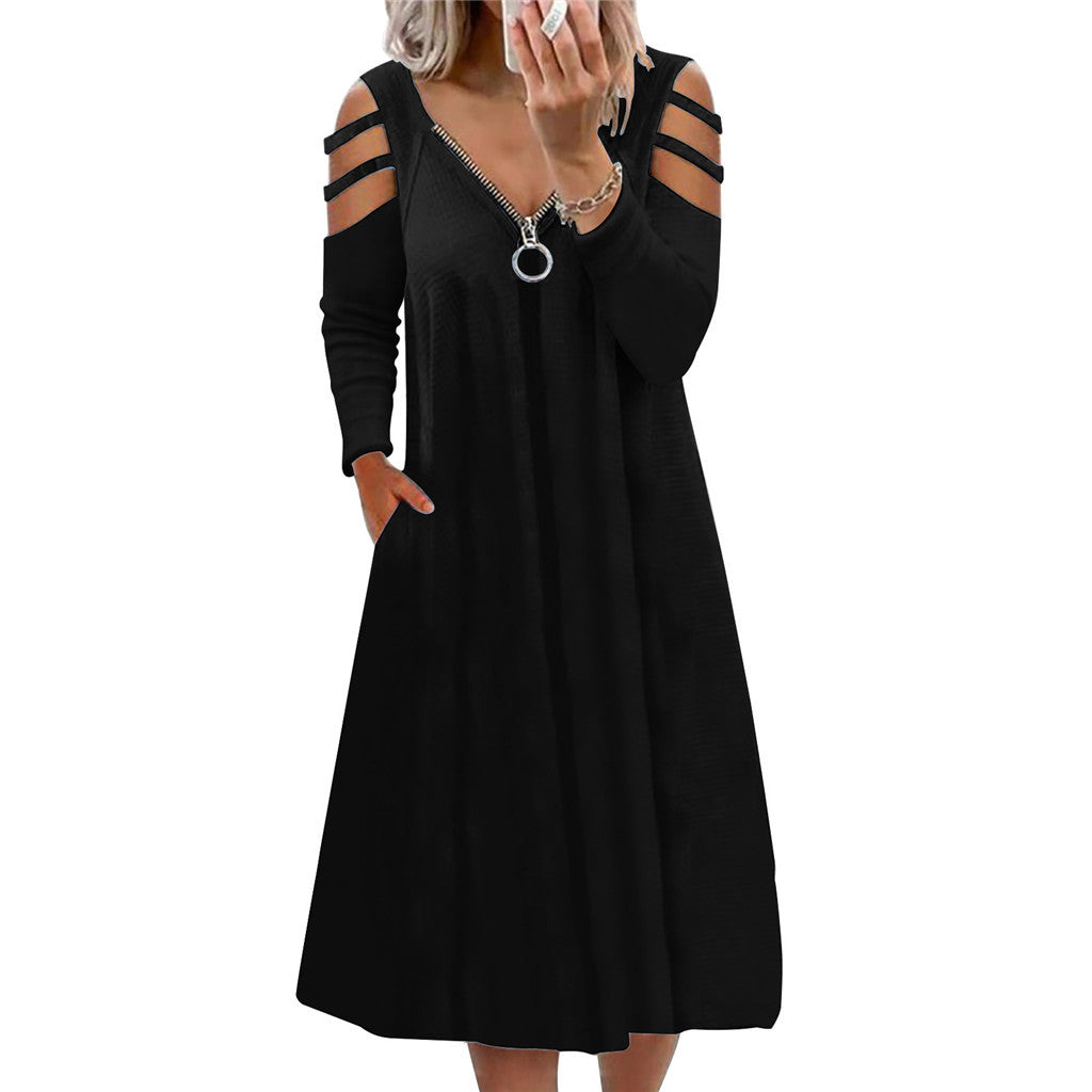 strappy long sleeve dress Cold Shoulder Strappy Midi Length Dress