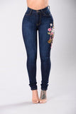 Dark Denim Floral Embroidery Jeans - Theone Apparel