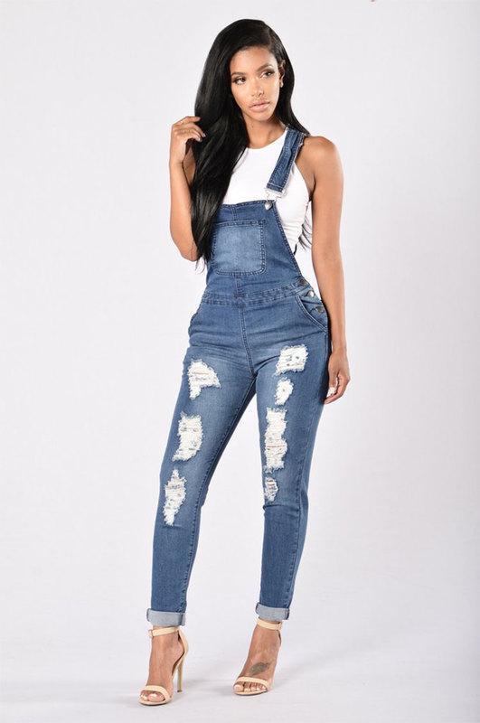 Ripped Ankle Cuff Jean Overalls