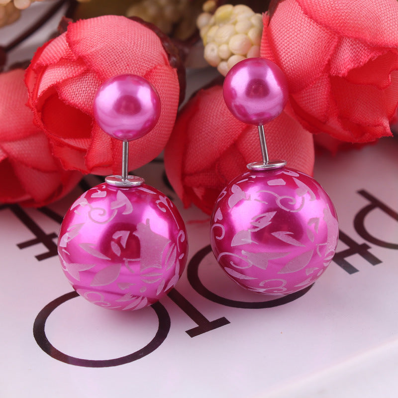 Decorative Spherical Double Sided Earrings-Rose Red-Theone Apparel