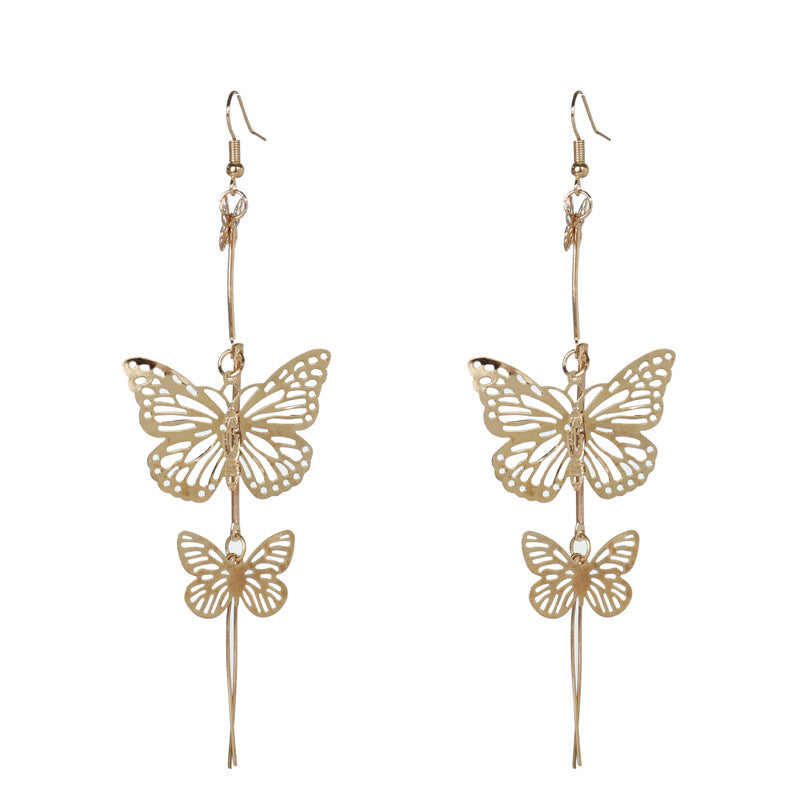 Double Butterfly Metal Drop Earrings-Gold-Theone Apparel