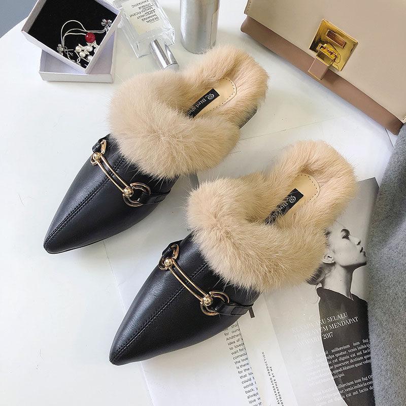 Faux Fur Lined Buckle Flats-Black-Theone Apparel