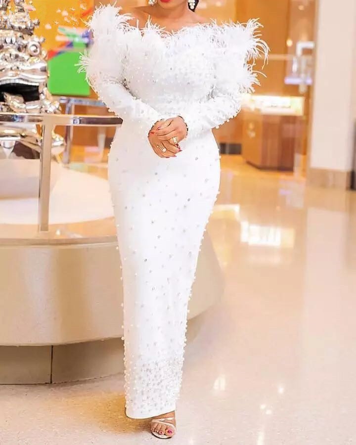 Feathery Top Long Form Fitting Maxi Dress