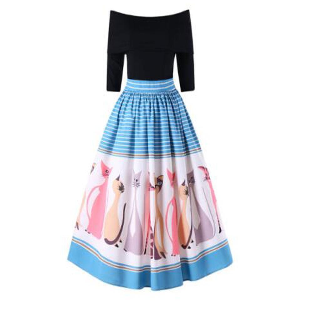 Feline Friends Ruffle Hem Dress-Black/Blue-Theone Apparel