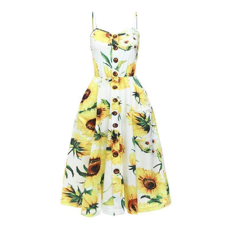 Flower Print Button Up Summer Dress-White/Yellow-Theone Apparel