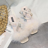Fluffy Fur Strap Kitten Heel Sandals - Theone Apparel