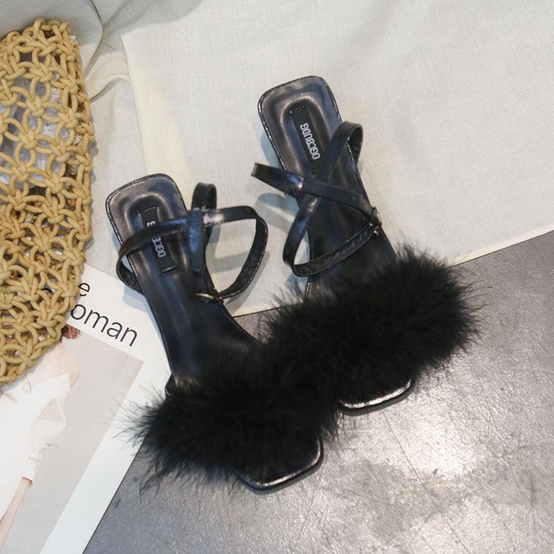 Fluffy Fur Strap Kitten Heel Sandals-Black-Theone Apparel