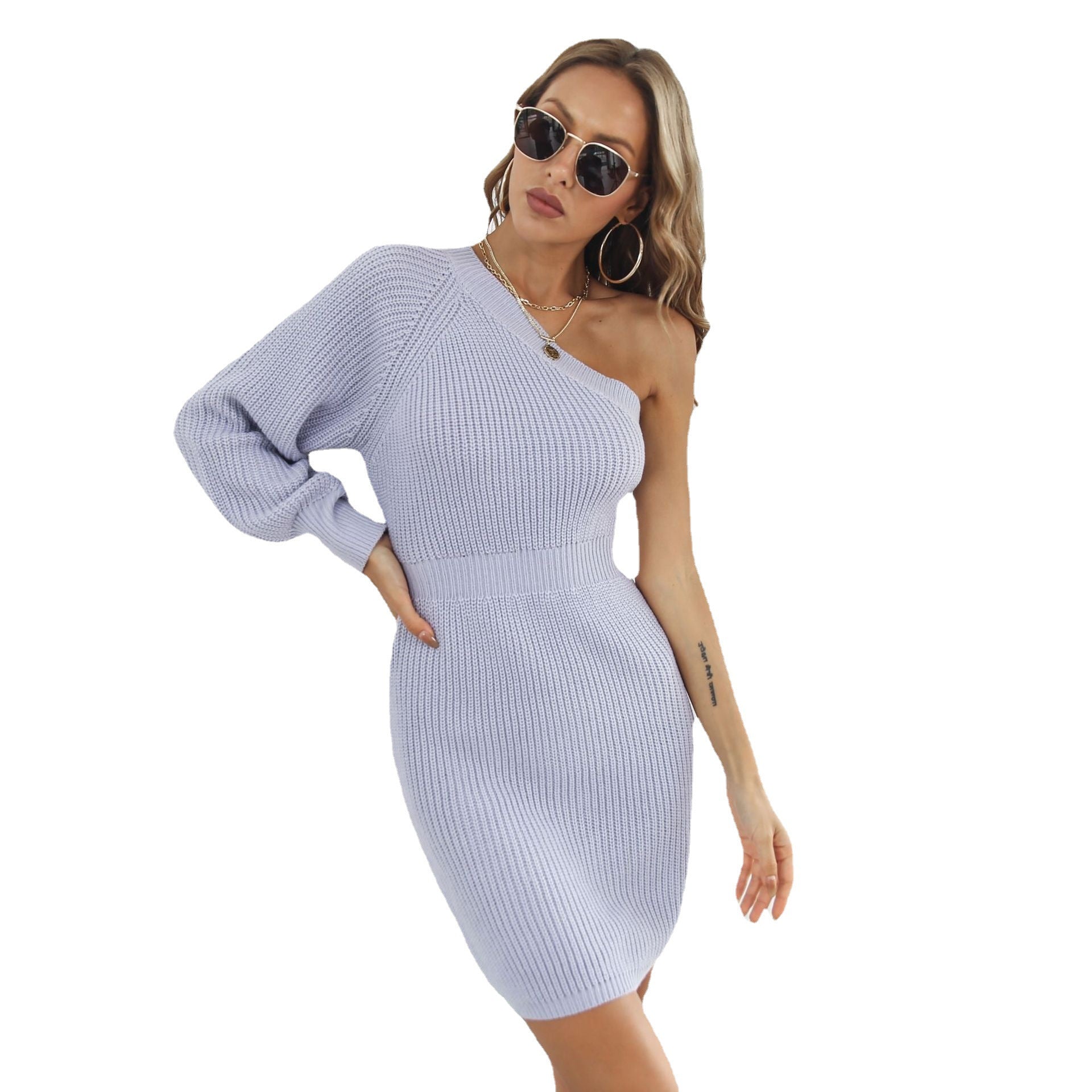 blue dress for baby girl Form Fitting Asymmetrical Off the Shoulder Sweater Dress