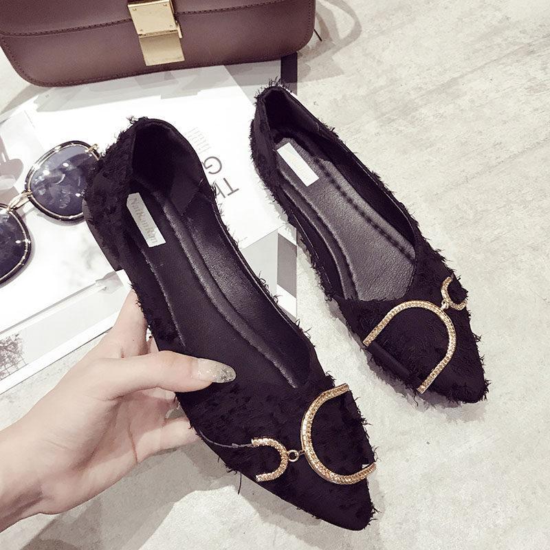 Fringe Trim Buckle Ballet Flats-Black-Theone Apparel