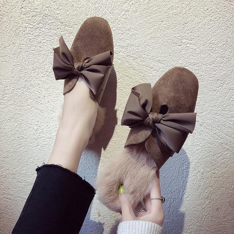 Fur Trim Floppy Bow Slippers-Brown-Theone Apparel