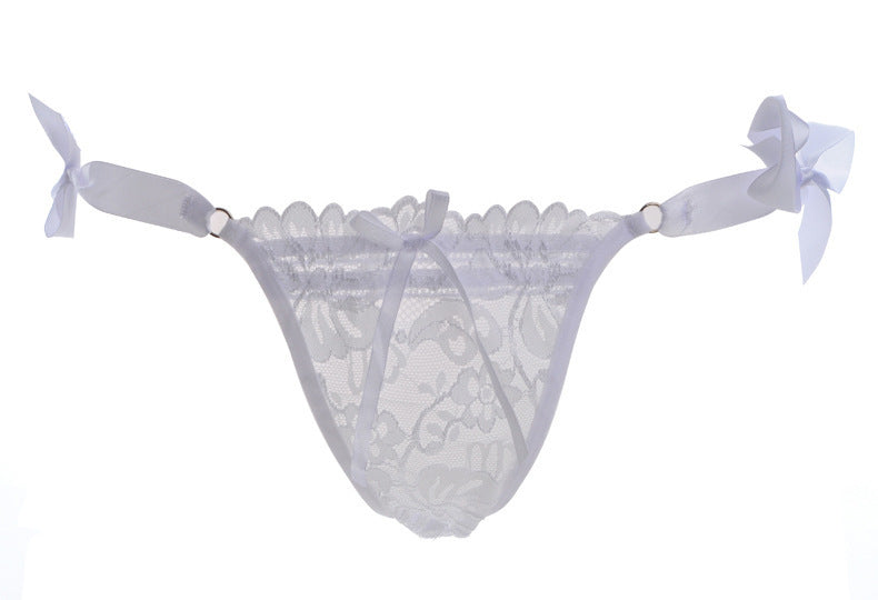 Hip Tie Ribbon Lacy Thong Underwear-White-Theone Apparel