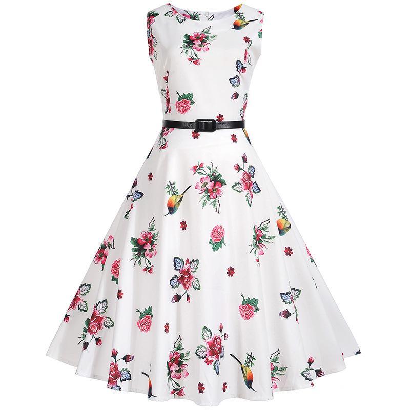 Hummingbird Floral Print A Line Dress-White-Theone Apparel
